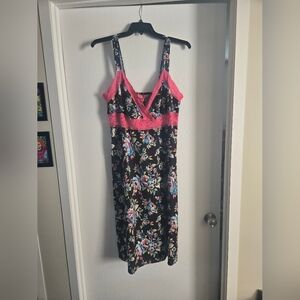 NEW Betsey Johnson Black Floral and Pink Lace Trim Slip Dress Midi Sundress XL